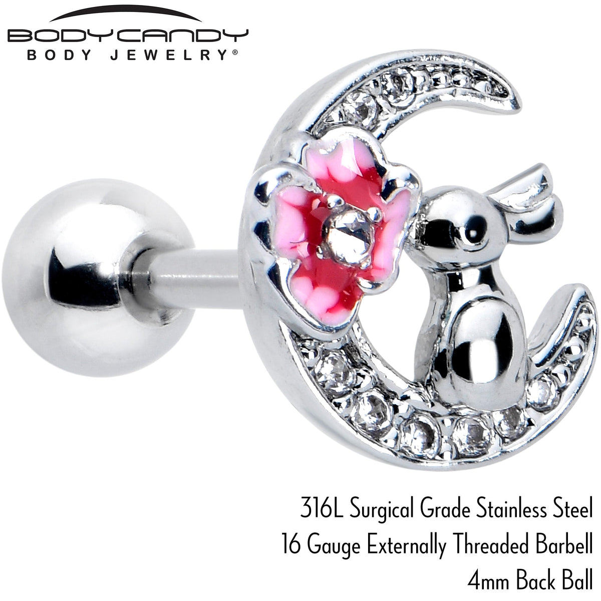 16G 1/4 Clear CZ Gem Rabbit on the Moon Pink Cartilage Earring