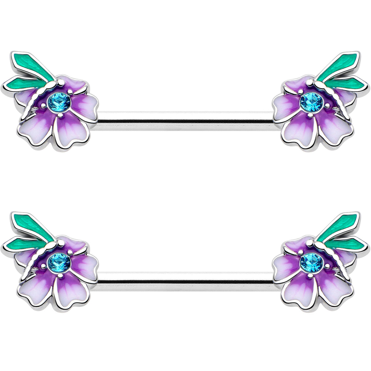 14G 9/16 Blue Gem Faerie Flower Purple Barbell Nipple Ring Set