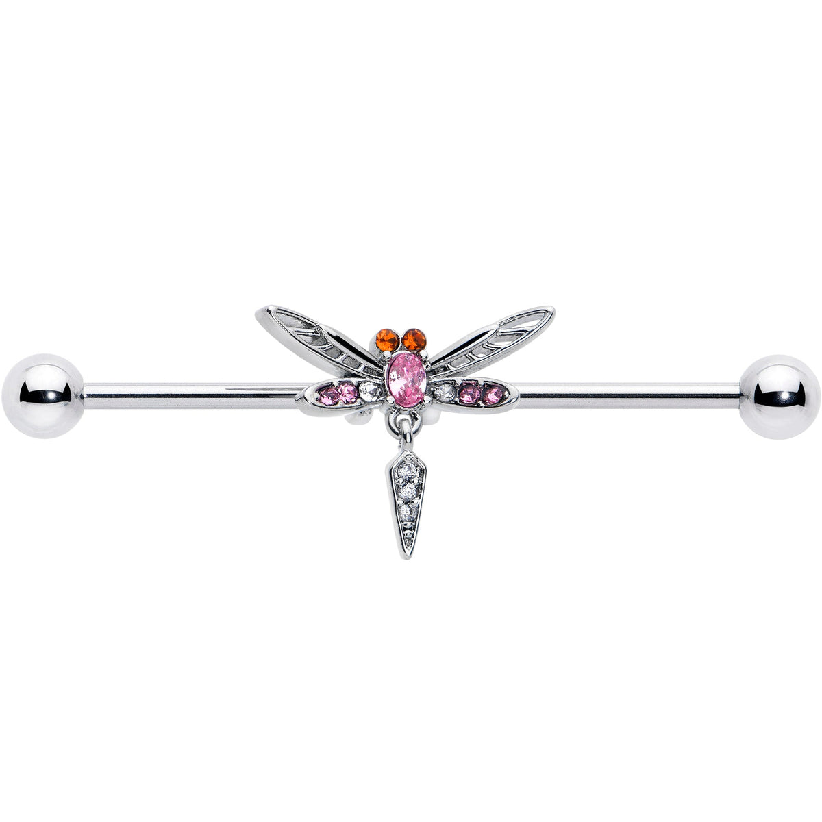 14G Pink Orange Gem Swank Dragonfly Dangle Industrial Barbell 38mm
