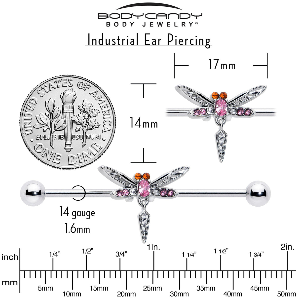 14G Pink Orange Gem Swank Dragonfly Dangle Industrial Barbell 38mm