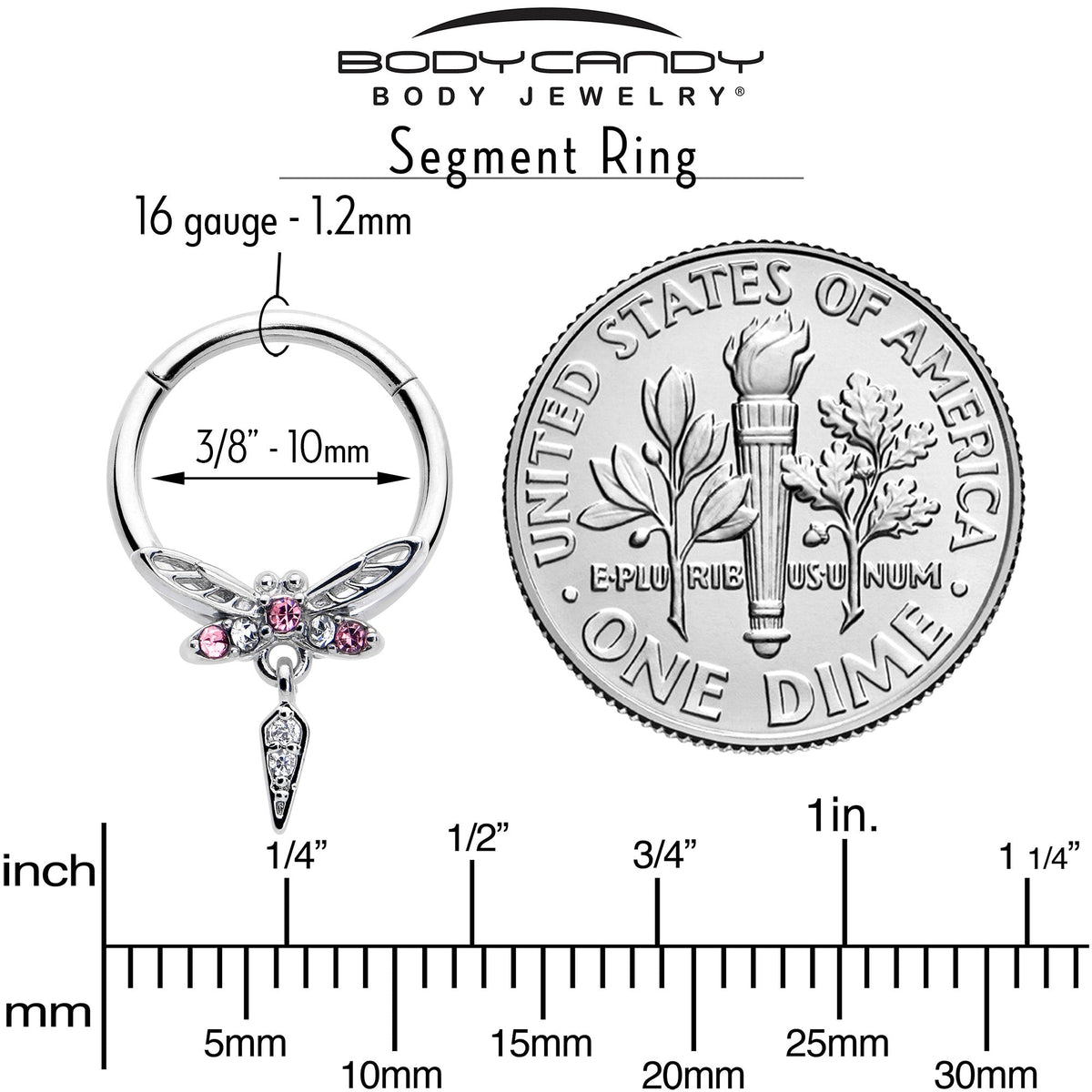 16G 3/8 Pink Gem Swank Dragonfly Dangle Hinged Segment Ring